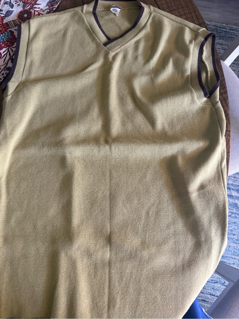 Men's V-Neck Sleeveless Sweater in Olive with Contrast Trim